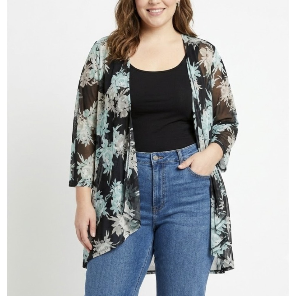 NorthStyle Cardigan XL Black Floral Sheer Mesh Open Front Cover Up Layering